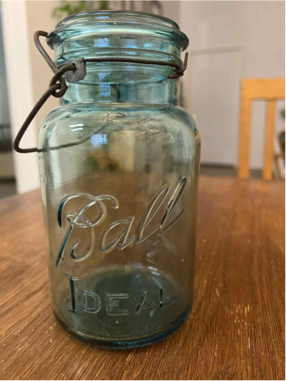 Antique Ball Ideal Aqua Blue Glass Canning Jar with Wire Bail Vintage Farmhouse